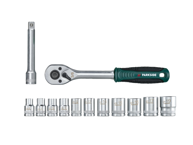 Ratchet wrench with extension bar and a set of 12 sockets from 8mm to 19mm.