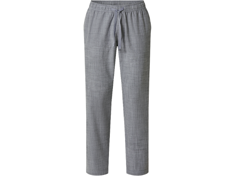 Grey long trousers with a drawstring waist, made from lightweight fabric.