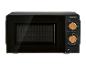Black microwave oven with wooden power and timer control knobs.