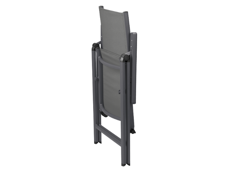 Folding chair with a grey mesh backrest and seat, shown upright.