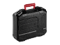Black transport case with red handle, for power tools.