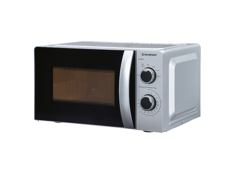 Silver microwave oven with two control knobs for power and timer settings.