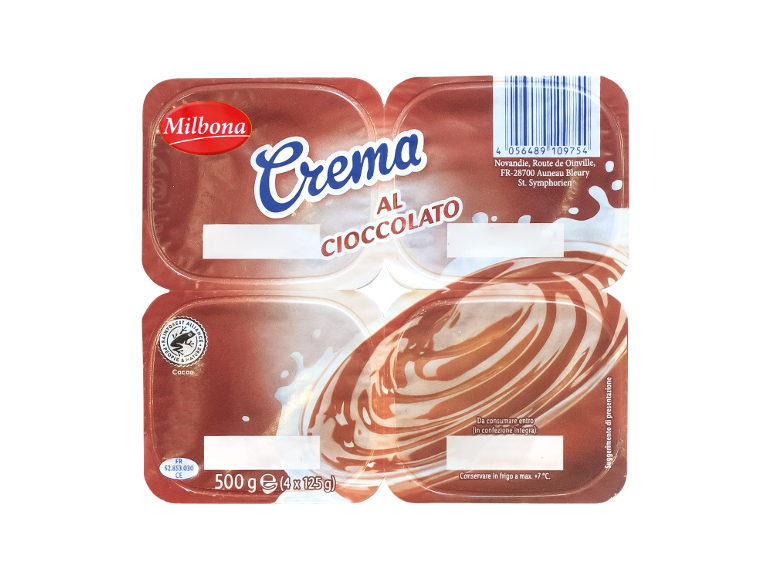 Chocolate cream dessert in a four-pack, with nutritional and storage information.