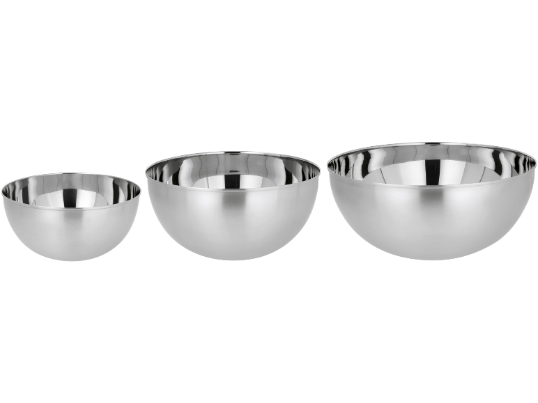 Three stainless steel mixing bowls of varying sizes.