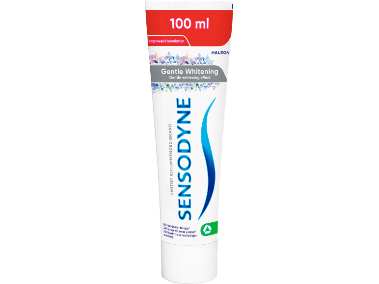 100 ml toothpaste tube with 'Gentle Whitening' and 'Improved Formulation' text.