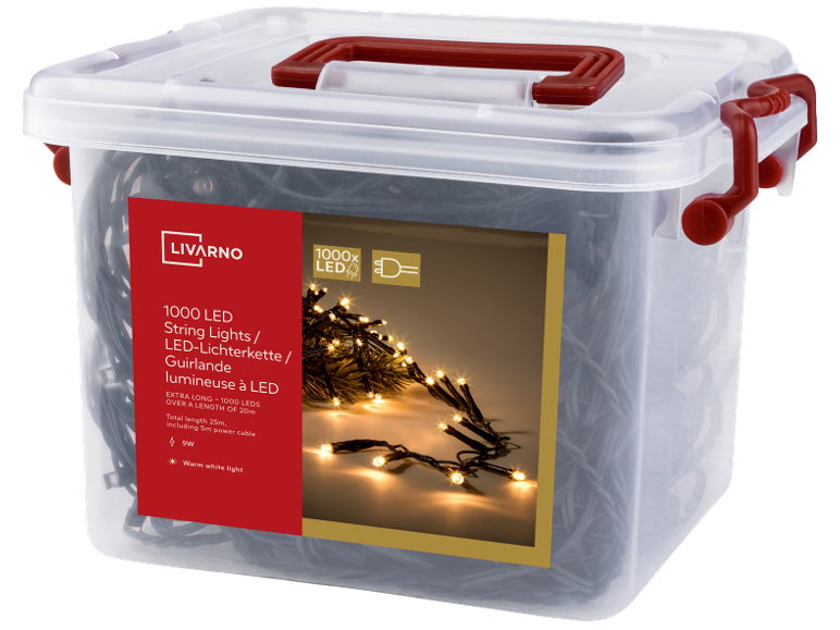 Livarno, 1000 LED long string lights in warm white color in a transparent box.