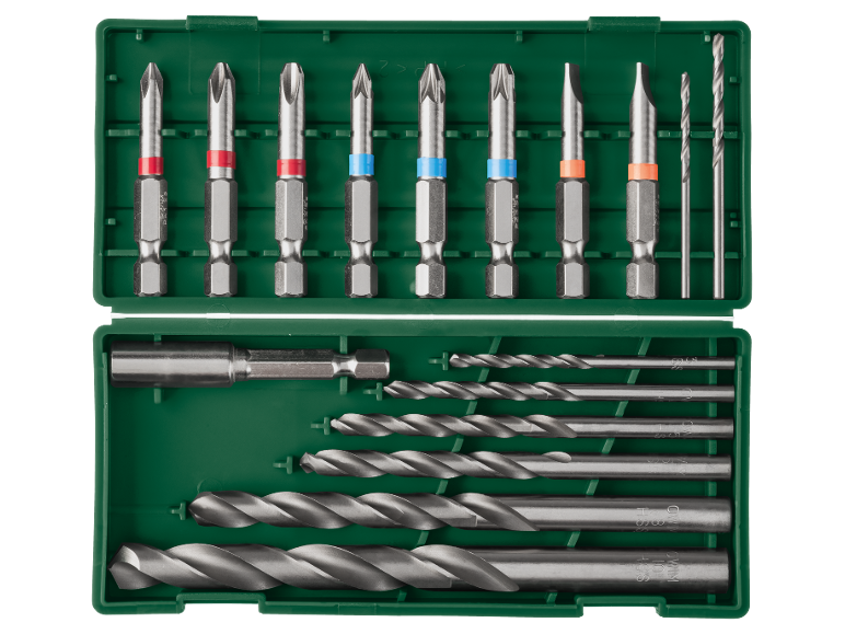 Drill bit and screwdriver bit set in a green case.