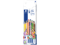 Six colored pencils with golden patterns and children's drawings on the packaging.