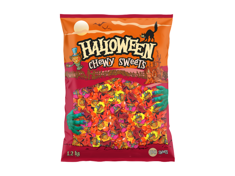 Bag of Halloween chewy sweets with a scarecrow, black cat, and haunted house.