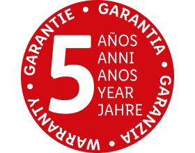Seal with text '5 years warranty' in multiple languages