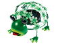Green metal solar lamp in the shape of a frog with clovers.