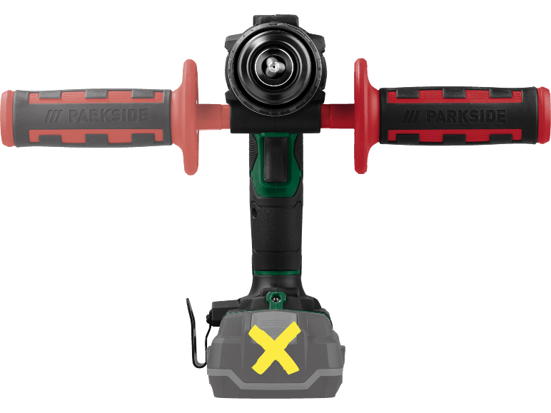 Cordless drill with side handles and battery.