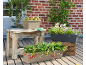 Planters with lettuce, strawberries, and flowers on a wooden deck.