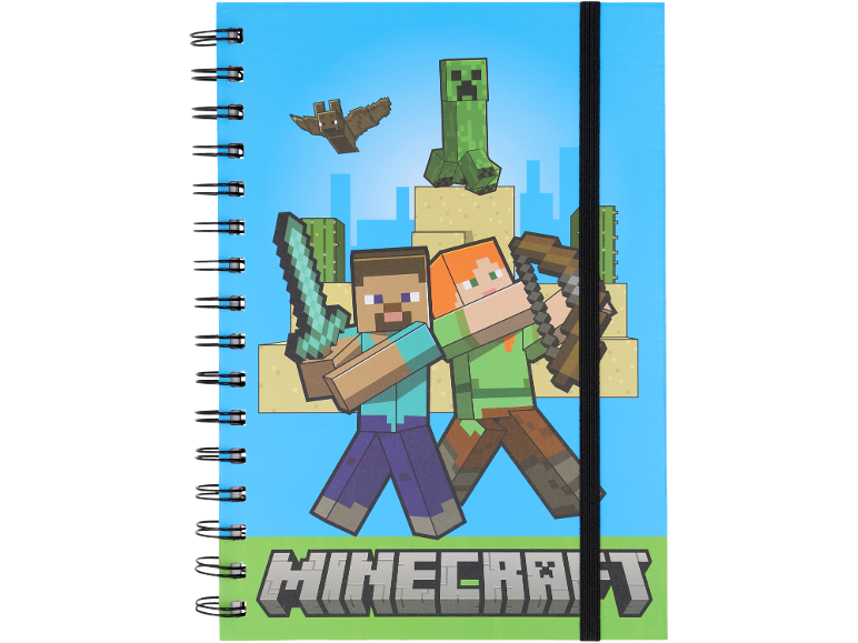 Minecraft-themed spiral notebook with characters Steve, Alex, Creeper, and Bat.