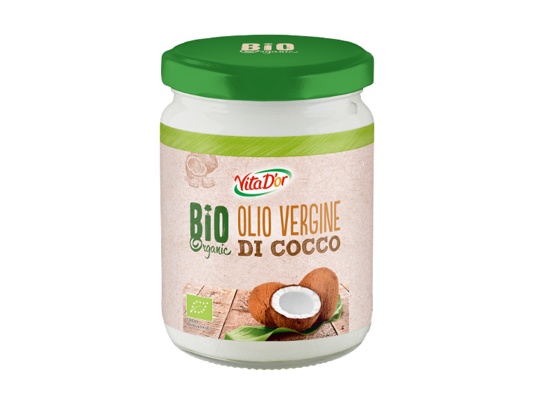 Organic virgin coconut oil in a glass jar with a natural-themed label.