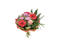 Bouquet with red gerberas, pink daisies, and roses, wrapped in paper.