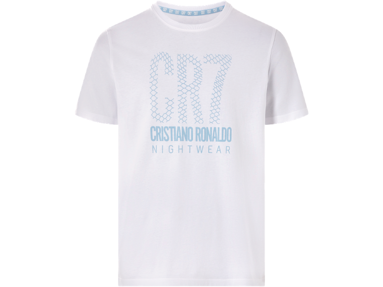White short-sleeved t-shirt with light blue CR7 print and 'Cristiano Ronaldo Nightwear' text.