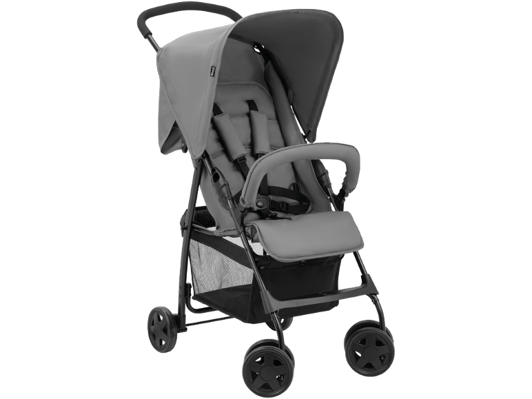 Grey baby stroller with a canopy, safety harness, and mesh basket.