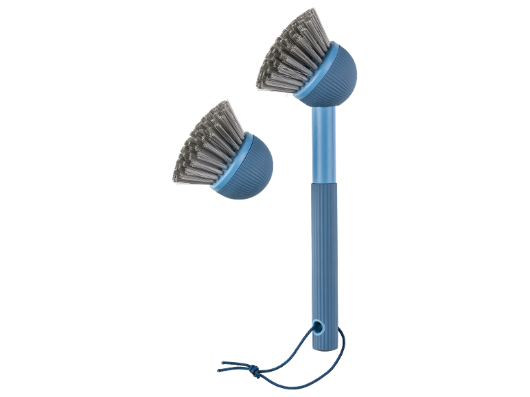 Two blue dish brushes with a long handle and a string.
