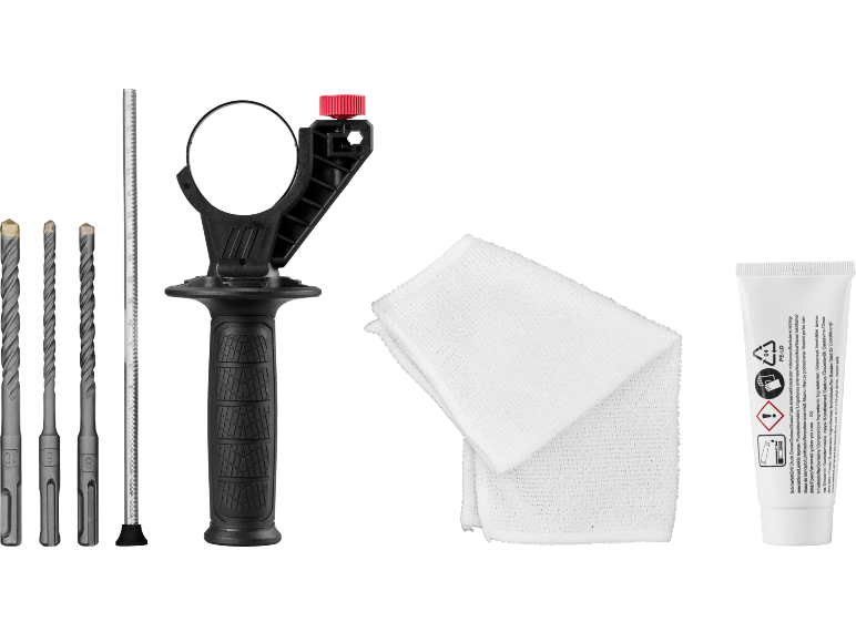 Drill bits, auxiliary handle, cloth, and tube of grease for power tools.