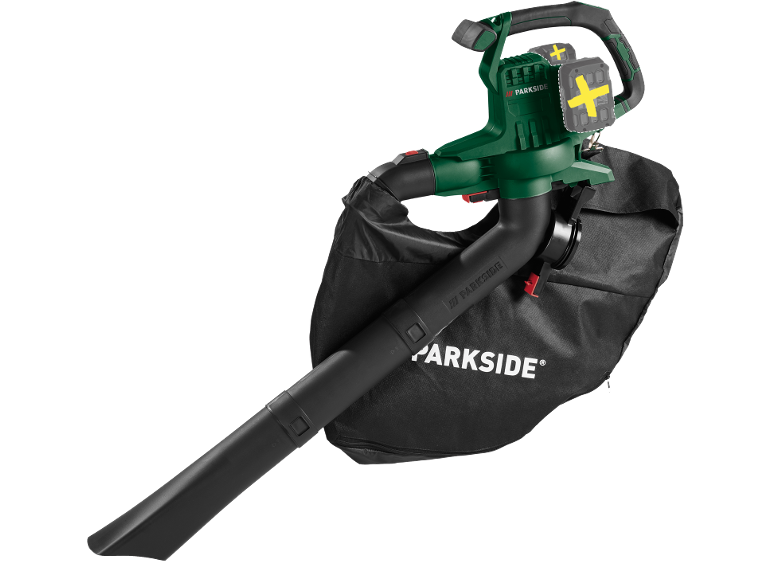 Green and black cordless leaf blower with a collection bag.