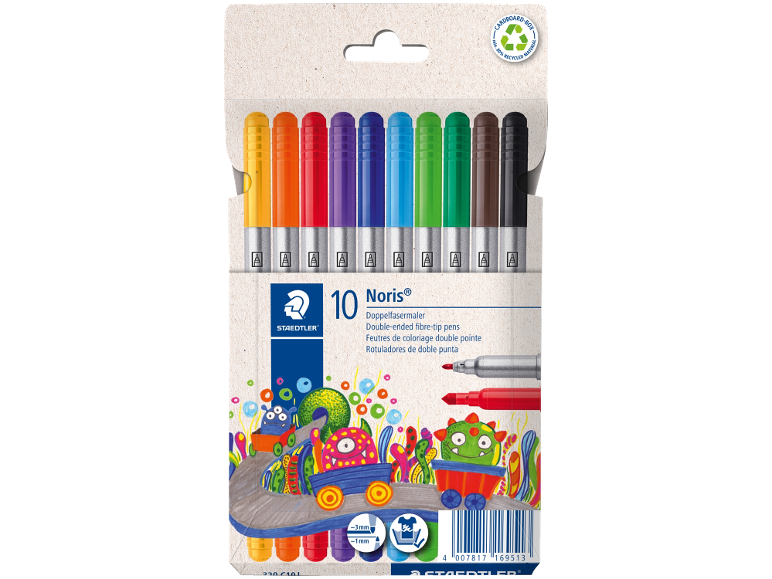 Set of 10 double-ended fibre-tip pens in recycled cardboard packaging, with monster illustrations.