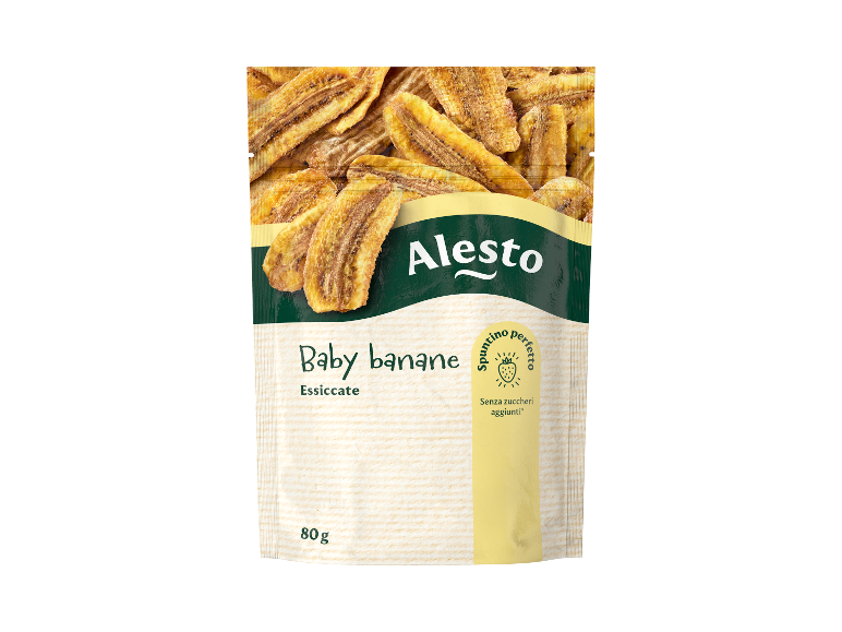 Pouch of dried baby bananas, perfect snack, no added sugars, 80g.