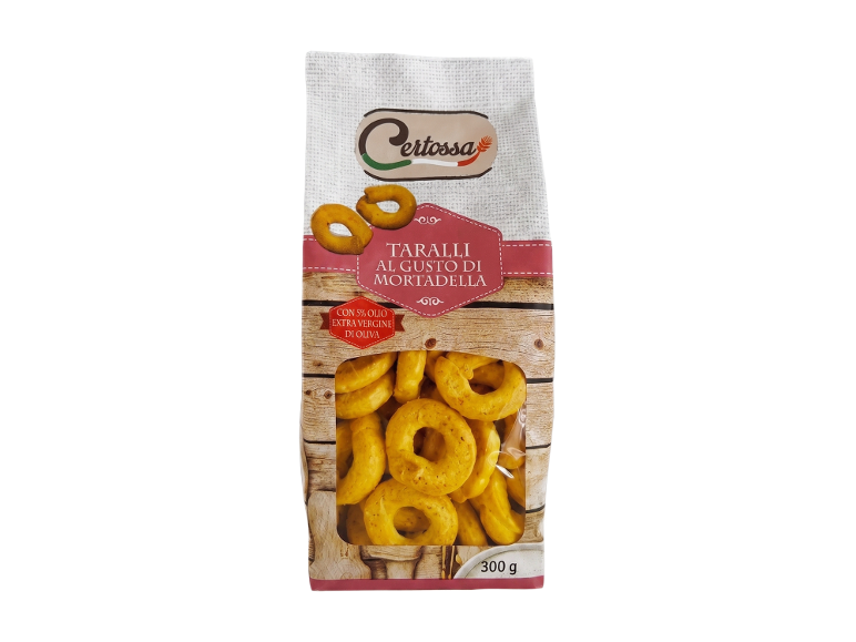 Packaging of taralli with mortadella flavor, with 5% extra virgin olive oil, 300 g.