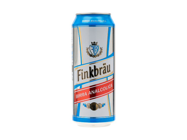 Non-alcoholic beer can with a white, blue, and red label featuring the text 'Birra Analcolica'.