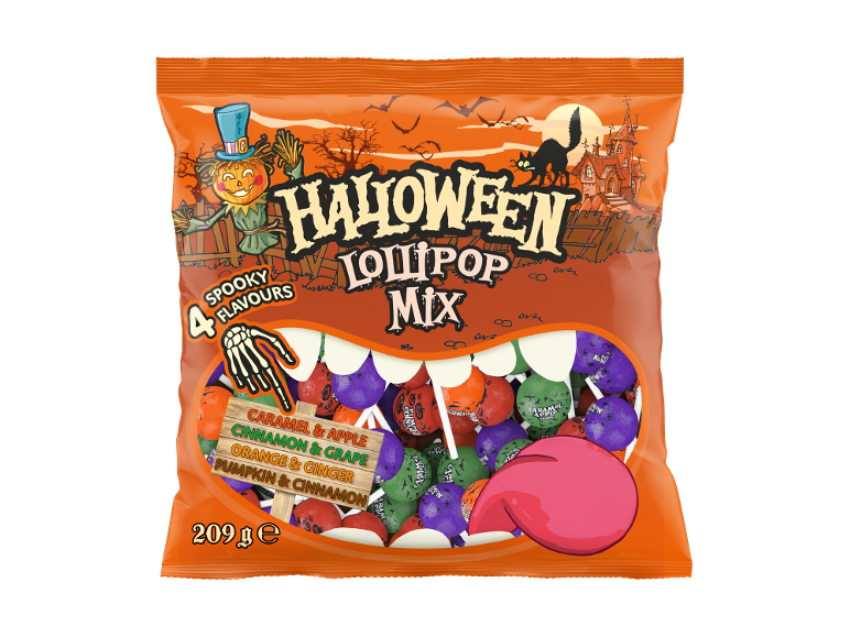 Halloween lollipop mix bag with caramel & apple, cinnamon & grape, orange & ginger, pumpkin & cinnamon flavors.