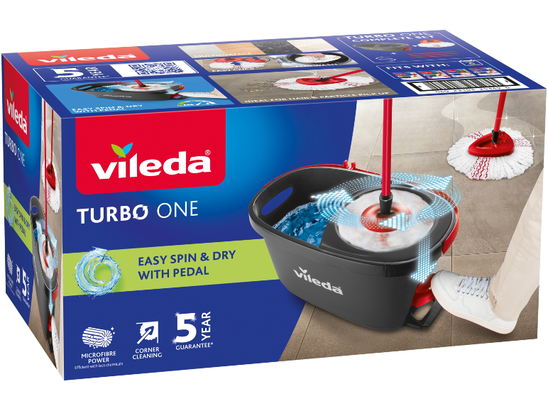 Cleaning kit box with bucket and mop, featuring 'TURBO ONE' and 'EASY SPIN & DRY WITH PEDAL' text.