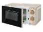 Beige microwave oven with an open door and wooden power and timer knobs.