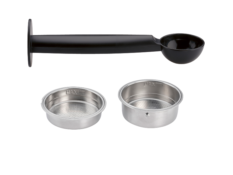 Black measuring spoon with tamper and two metal coffee filters.