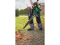 Man using a leaf blower on a paved path, surrounded by autumn leaves and grass.