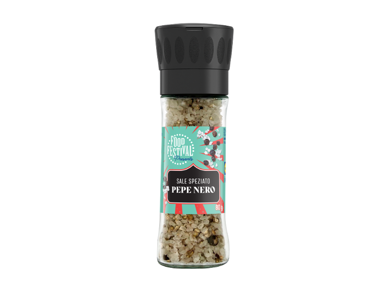 Salt and black pepper grinder with a colorful label, 80g.