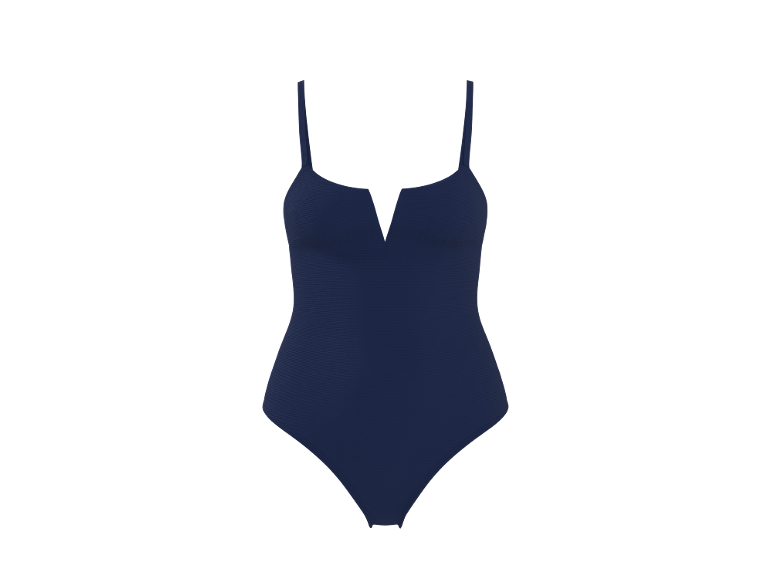 Navy blue one-piece swimsuit with a V-neck and thin straps