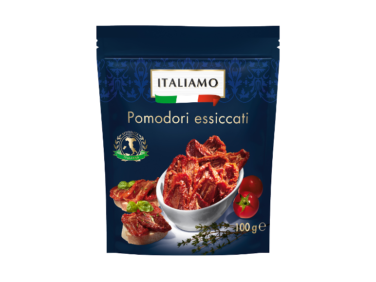 Dark blue packaging with sun-dried tomatoes, bruschetta, and fresh tomatoes.