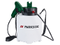White garden sprayer with a green handle and black straps, showing volume markings.