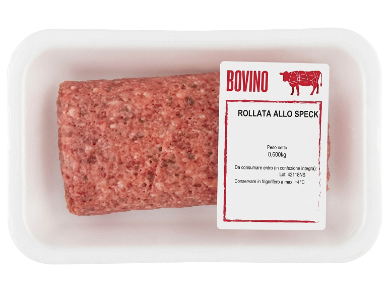 Packaged ground beef roll with speck, 0.600kg, with Italian label.