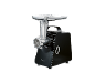 Black electric meat grinder with metallic details and power on/off and reverse buttons.