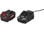 A black and red power tool battery and a black charger with a cable.
