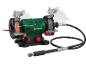Bench grinder with flexible shaft and protective covers.