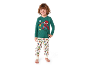 Green children's pyjamas with superhero prints and white patterned trousers.