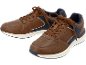 Brown and dark blue sneakers with brown laces and a white sole.