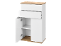 White and wood cabinet with two drawers and an open door revealing a shelf.