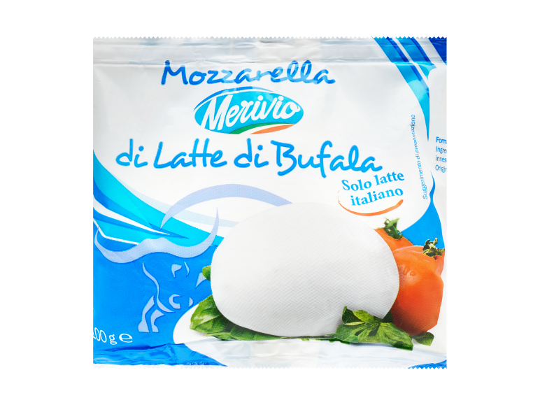 Mozzarella di Bufala with Italian milk, presented with basil and tomatoes.
