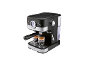 Black espresso machine with two cups of coffee, front view.