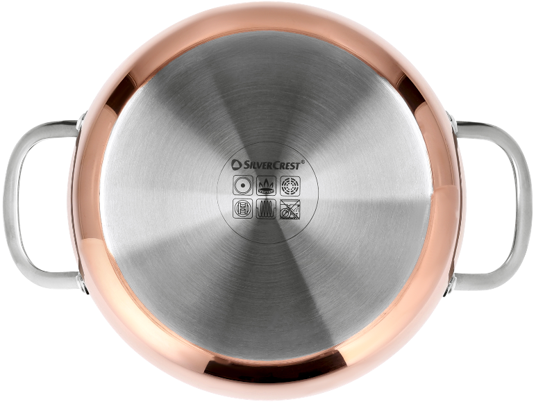 Copper pot bottom with hob compatibility symbols.