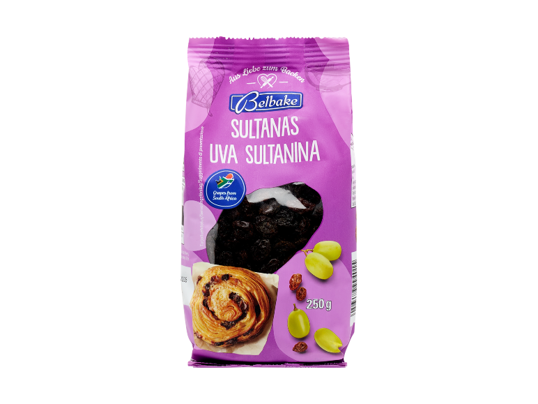 Purple sultanas package with fresh grapes and a pastry, with text 'Aus Liebe zum Backen' and '250 g'.
