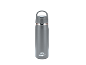 Grey thermos bottle with a lid and handle, featuring a copper-colored ring at the top.